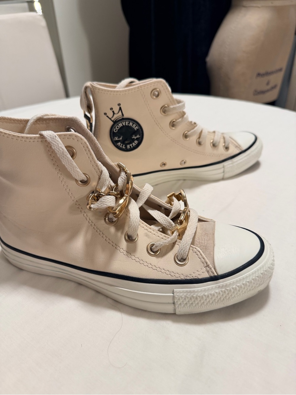 Converse High Top Sneakers in Cream with Gold Chain Accent